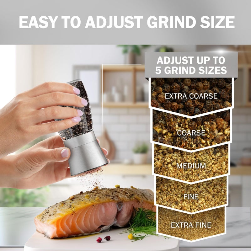 Home EC Original Stainless Steel Sea Salt and Pepper Grinder Set of 4 - Adjustable Ceramic - Glass Salt and Pepper Shakers Mills - Modern Kitchen Spice Mill W/Funnel & EBook - Image 2